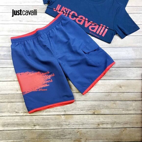 New Just Cavalli Men XS / EU 46 Navy Blue & Red Board Shorts Swim Beach Trunks - Picture 4 of 6